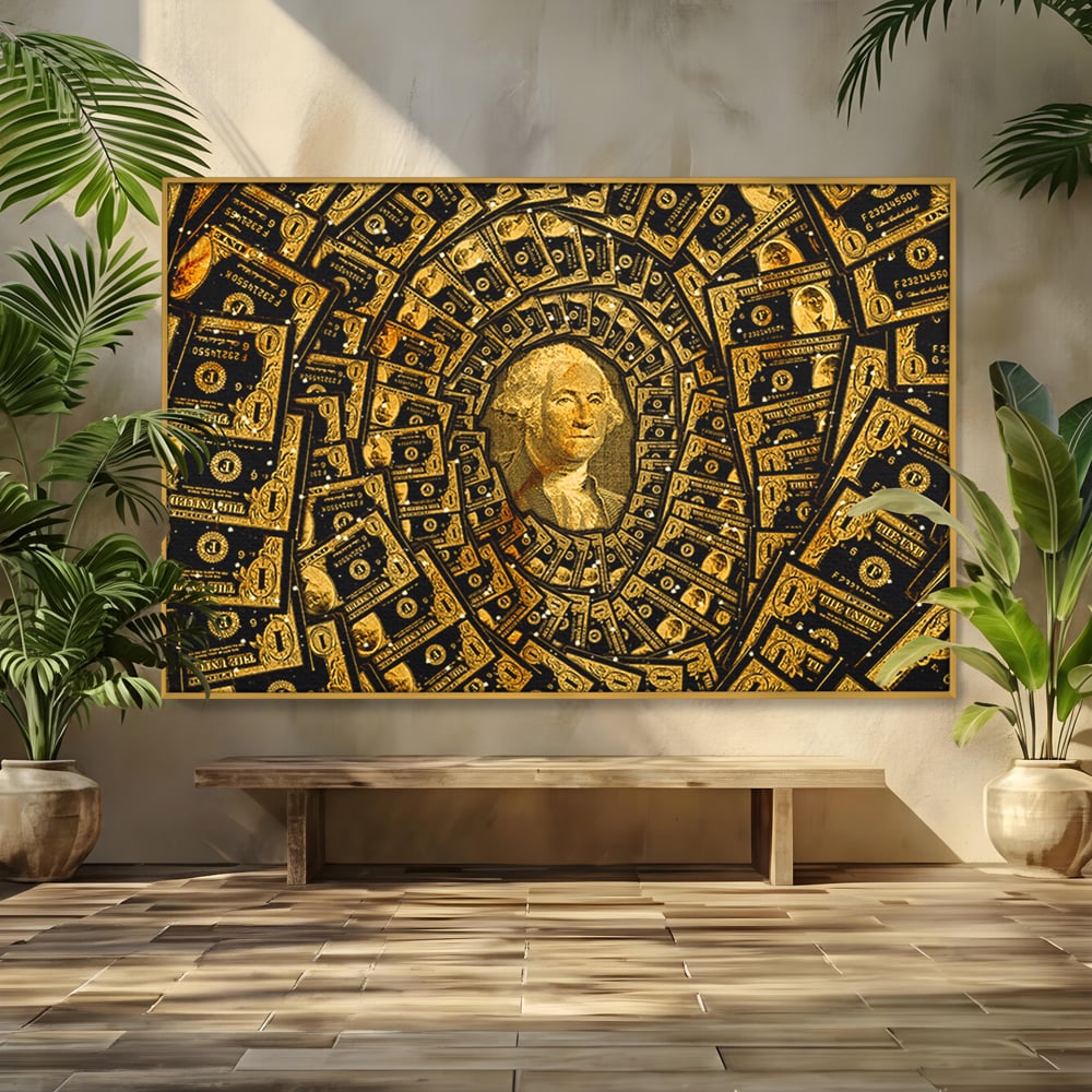 Tablou canvas cu tablou canvas cu portretul lui george washington si dolari, in rama de aluminiu auriu